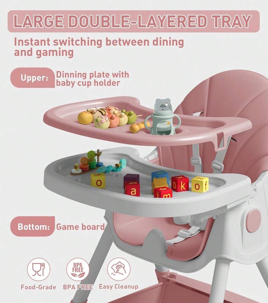 Cochildor 5-In-1 Convertible Baby High Chair - Foldable, Adjustable Height Booster Seat With Removable PU Cushion & Tray | For Babies & Toddlers  | No Wheels | Pink, Beige, Green - Pink - View 4