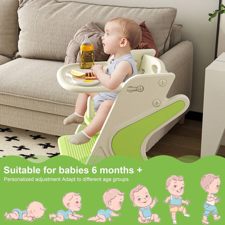 Multi Functional Growing Up Dining Chair , 3-In-1 Convertible Toddler High Chair & Kitchen Learning Tower &ndash; 5-Point Harness,HDPE Baby Booster Seat, Anti-Slip Step Stool For Eating Feeding Cooking - Green+White - View 4