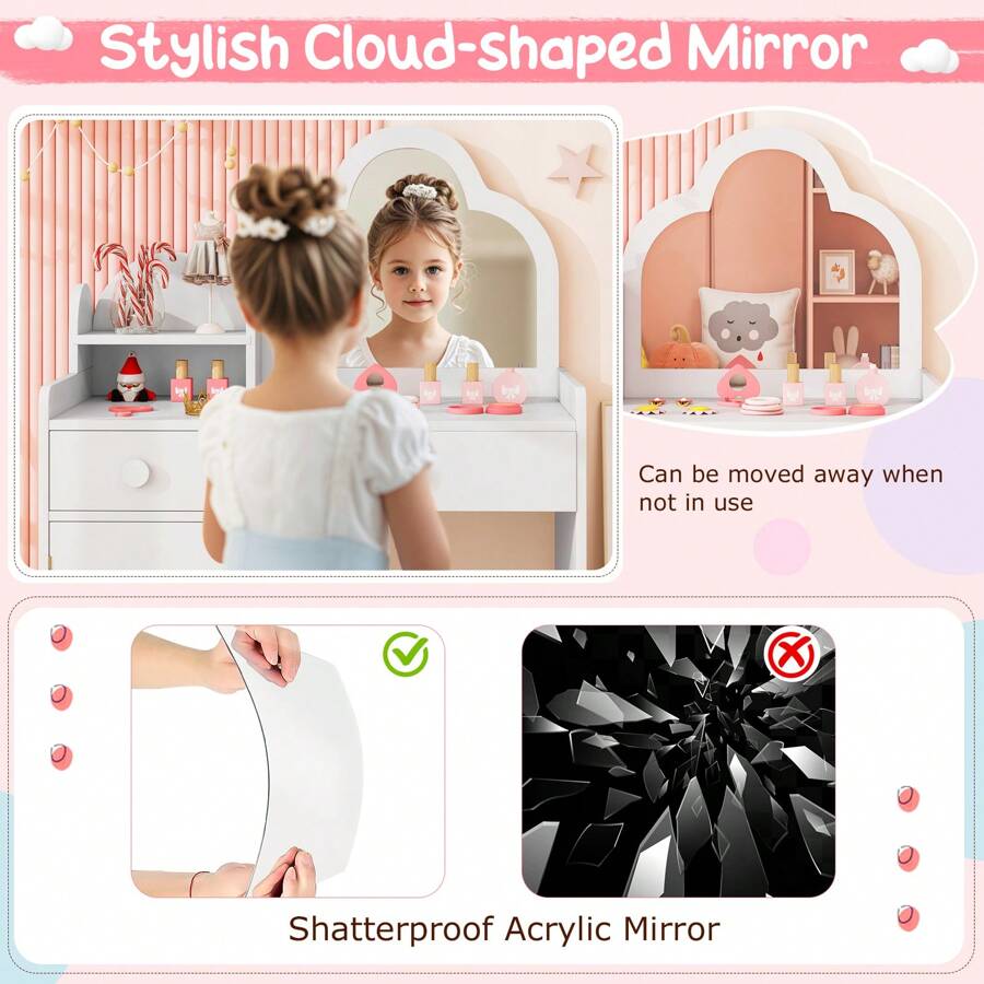 Lifezeal Kids Vanity Table And Chair Set With Cloud-Shaped Mirror Open Shelf Storage Drawers White - White - View 3