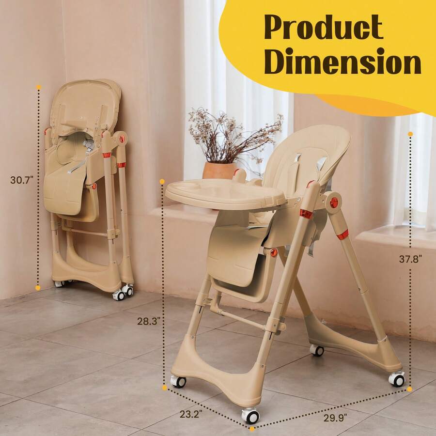 Baby High Chair6-In-1 Foldable Baby High Chair For 0-36 Months - 5 Height Adjustable Convertible Infant Toddler Feeding Chair, Removable Easy-Clean Tray & Locking Wheels, Soft PU Seat High Chair With Safety Harness, Multi-Stage High Chair For Home Dining, Travel & Small Spaces, Available In 6 Colors(The Best Christmas Gift For Children) - Milk Coffee Brown + Universal Wheel - View 8