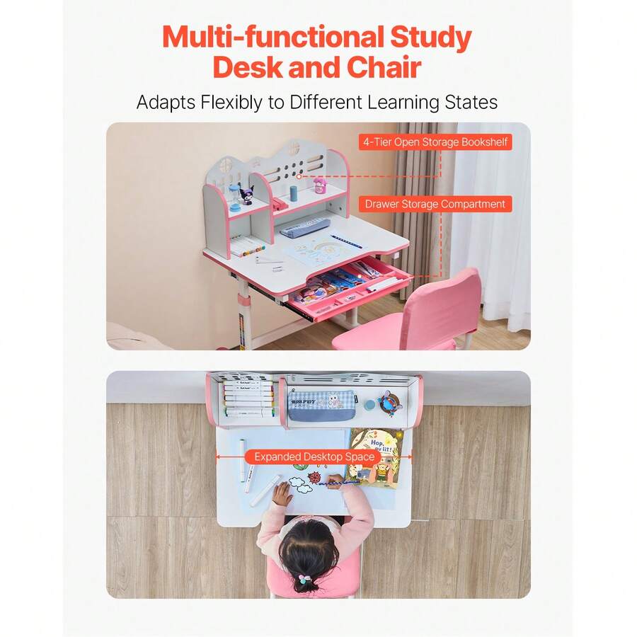 Children's Study Chair And Desk Set, Children's Study Desk And Chair With Bookshelf And Storage Drawer, Children's Study Desk And Chair With Adjustable Height, 0-40&deg; Tilting Tabletop Desk And Chair, Children's Study Desk, Suitable For Bedroom And Study Room, Pink, Blue - Height-adjustable Children's Study Table and Chair, Children's Study Table, Pink - View 3