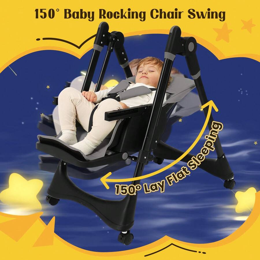 Baby High Chair6-In-1 Foldable Baby High Chair For 0-36 Months - 5 Height Adjustable Convertible Infant Toddler Feeding Chair, Removable Easy-Clean Tray & Locking Wheels, Soft PU Seat High Chair With Safety Harness, Multi-Stage High Chair For Home Dining, Travel & Small Spaces, Available In 6 Colors(The Best Christmas Gift For Children) - Dark Gray + Universal Wheel - View 4