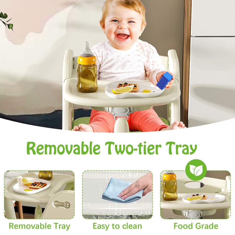 Multi Functional Growing Up Dining Chair , 3-In-1 Convertible Toddler High Chair & Kitchen Learning Tower &ndash; 5-Point Harness,HDPE Baby Booster Seat, Anti-Slip Step Stool For Eating Feeding Cooking - Green+White - View 5