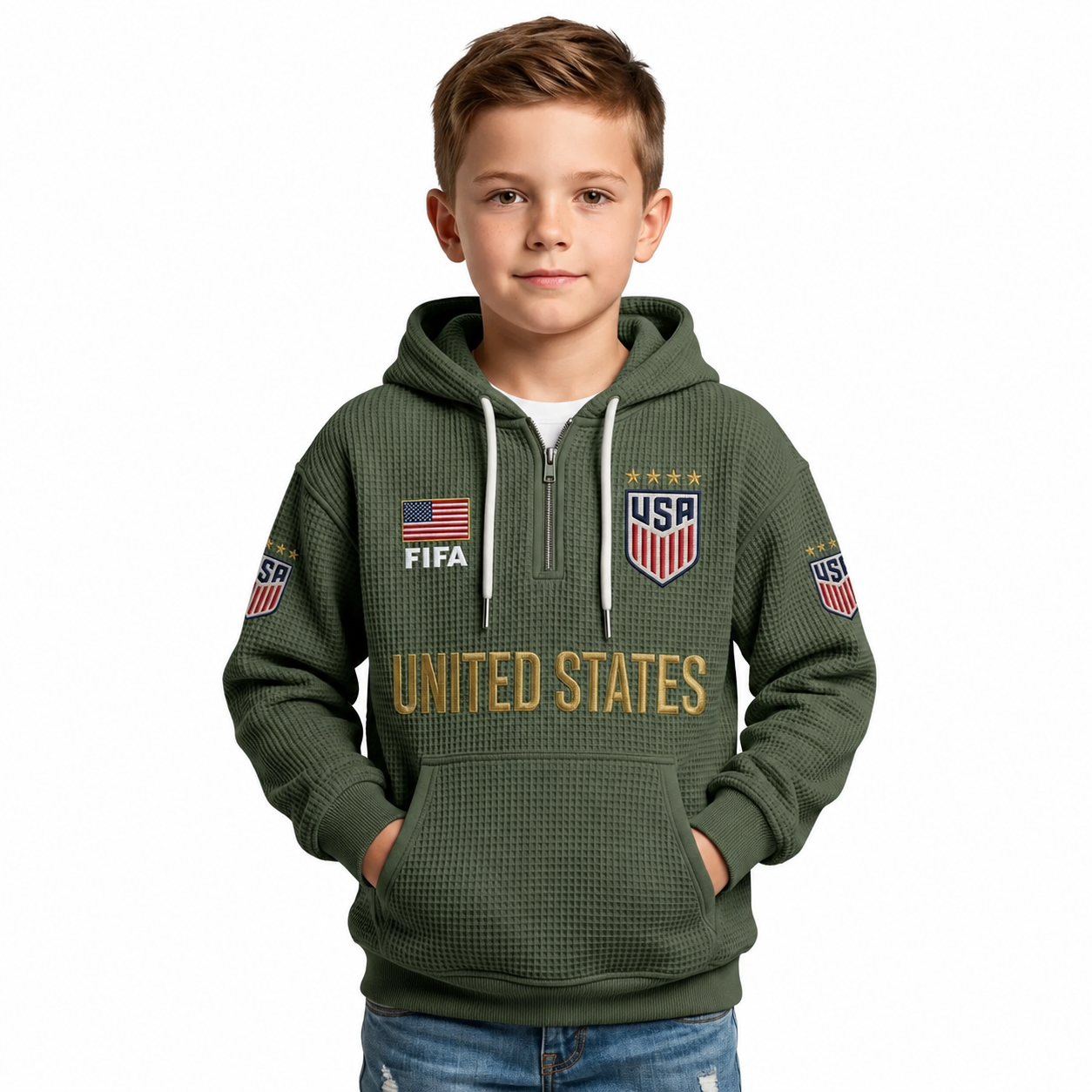 FIFA 2026 United States Printed Waffle Quarter Zip Football Fan Hoodie For Kids