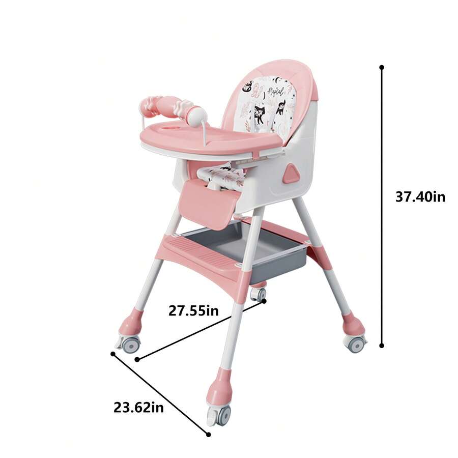 Virplik 5-In-1 Foldable Baby High Chair With Adjustable Recline, Footrest, PU Cushion & Double Tray, Locking Wheels - Ideal Christmas Gift For Babies & Toddlers - Pink - View 5