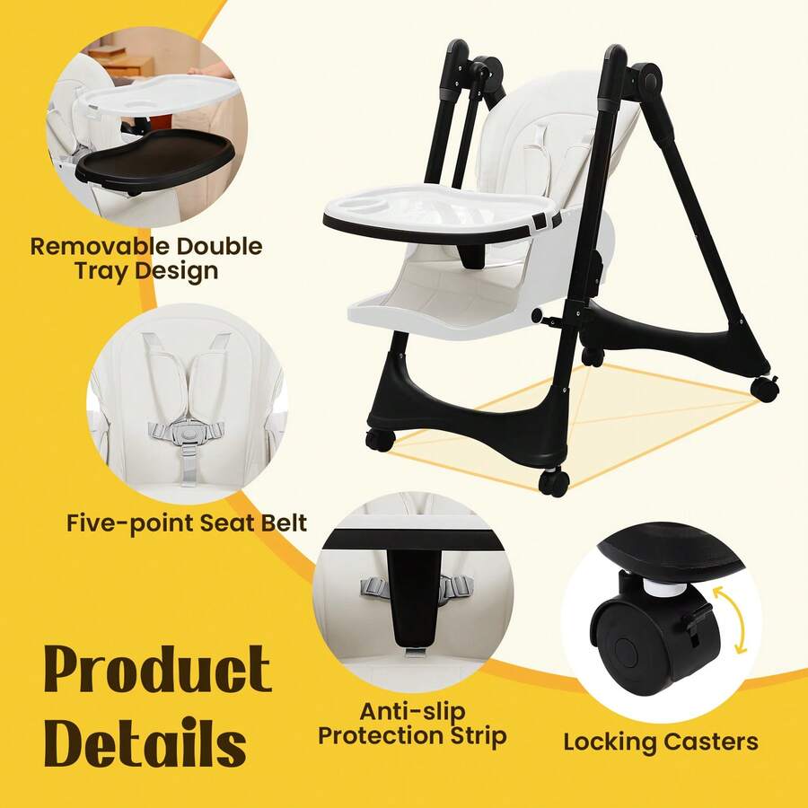 Baby High Chair6-In-1 Foldable Baby High Chair For 0-36 Months - 5 Height Adjustable Convertible Infant Toddler Feeding Chair, Removable Easy-Clean Tray & Locking Wheels, Soft PU Seat High Chair With Safety Harness, Multi-Stage High Chair For Home Dining, Travel & Small Spaces, Available In 6 Colors(The Best Christmas Gift For Children) - Black and White + Universal Wheel - View 7