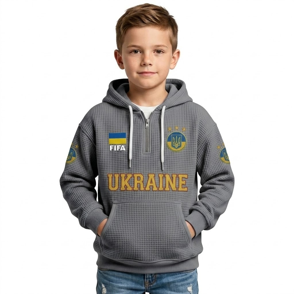 FIFA 2026 Ukraine Printed Waffle Quarter Zip Football Fan Hoodie For Kids