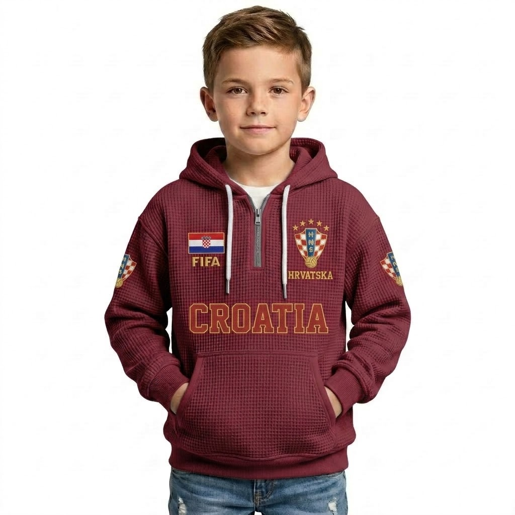 FIFA 2026 Croatia Printed Waffle Quarter Zip Football Fan Hoodie For Kids