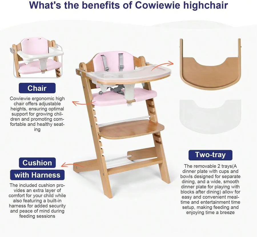 3-In-1 Convertible Wooden High Chair For Babies & Toddlers, Toddler Feeding High Chair With 3-Tier Remove, 2 Adjustable Wood Tray, 8 Levels Adjustable, Gray Cushion And Harness, Pink - Pink - View 4