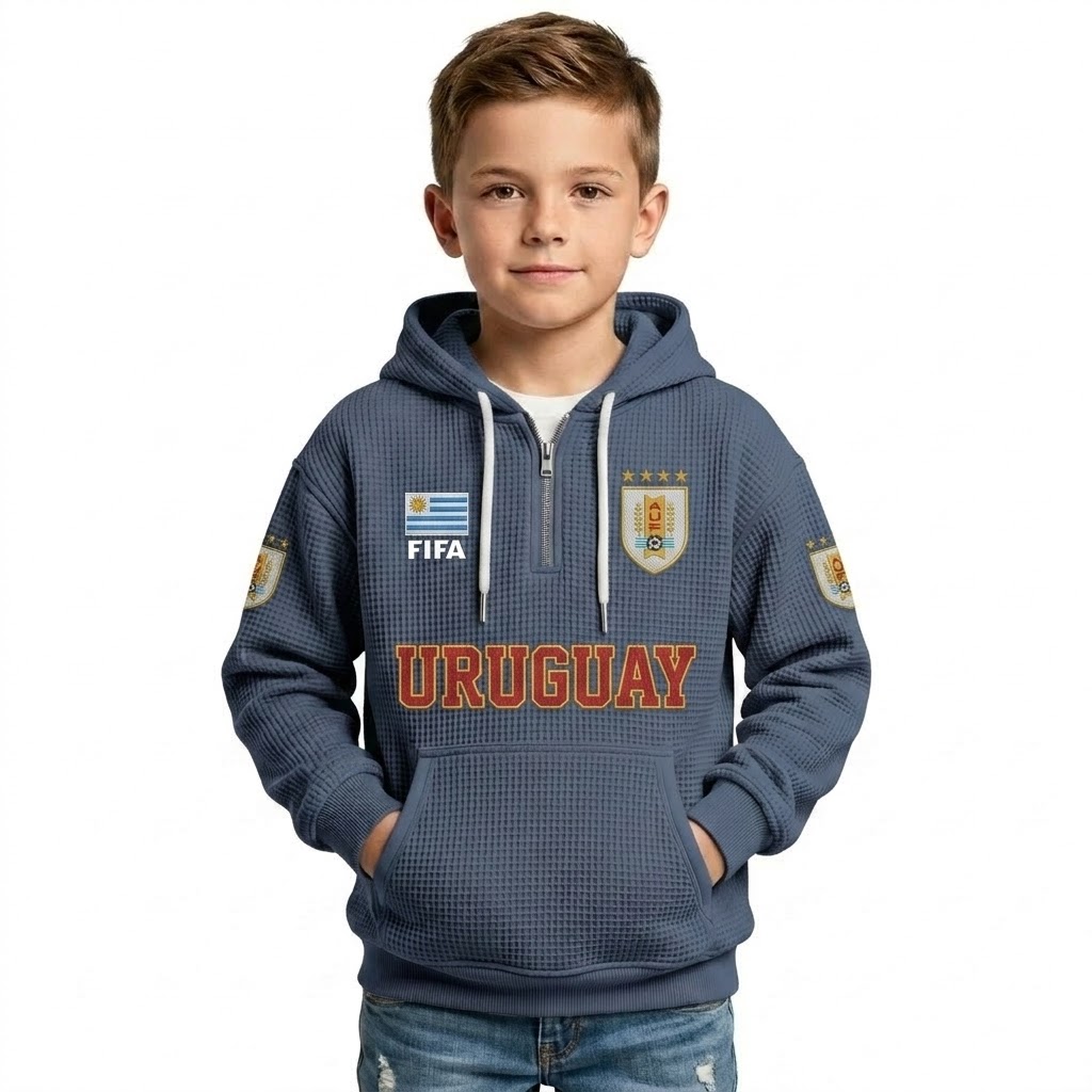 FIFA 2026 Uruguay Printed Waffle Quarter Zip Football Fan Hoodie For Kids