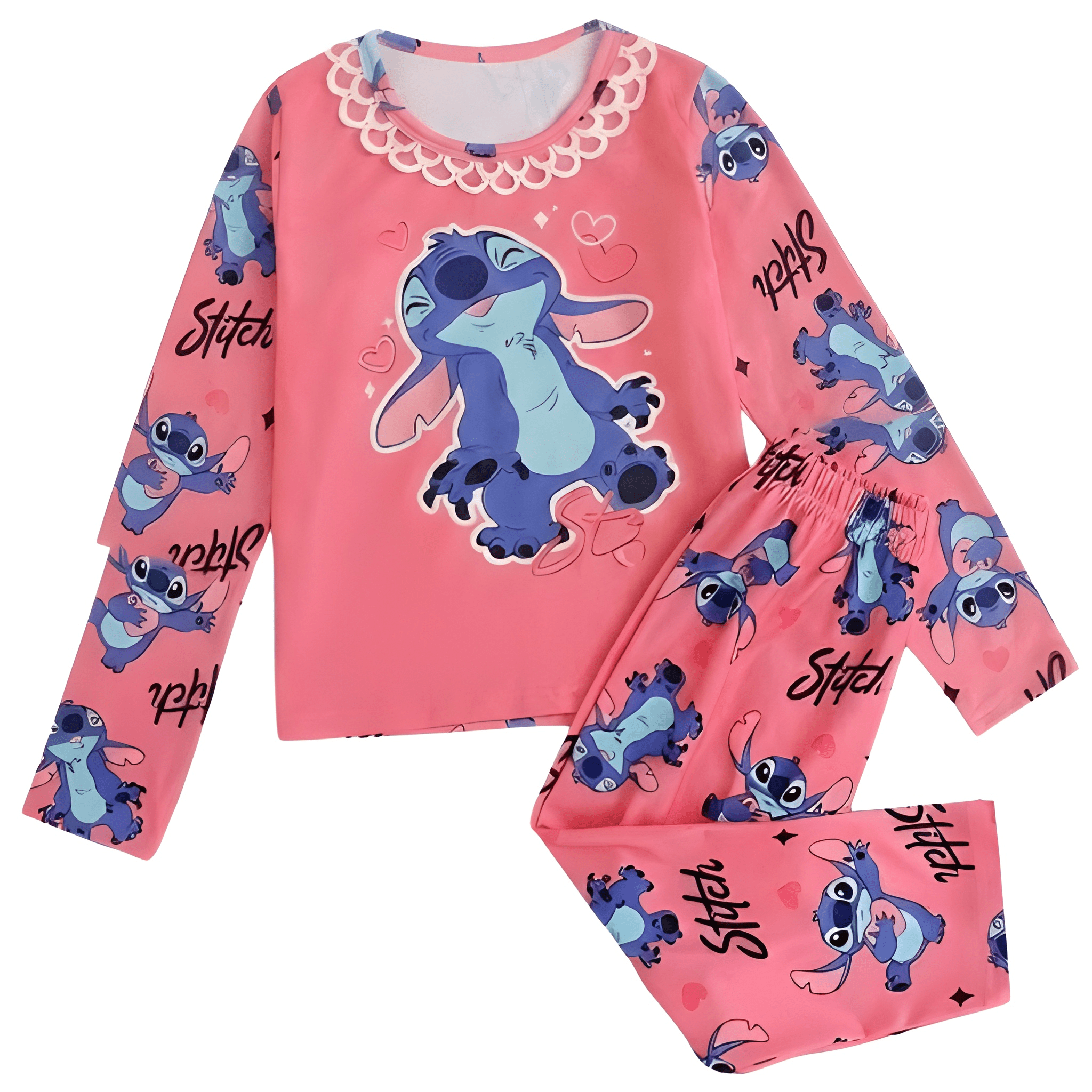 Stitch Sweet Girls Pajama Set Round Neck Lace Soft Cozy Sleepwear