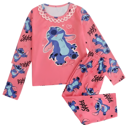Stitch Sweet Girls Pajama Set Round Neck Lace Soft Cozy Sleepwear