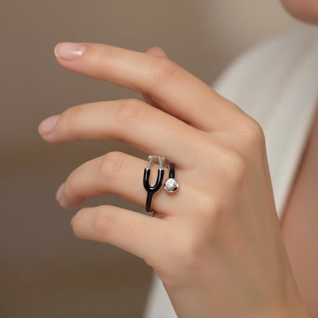 Curved Enamel Band Jewelry Ring With Stone