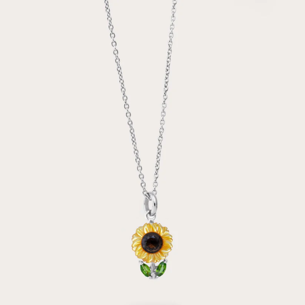 Carved Sunflower Crystal Pendant Necklace