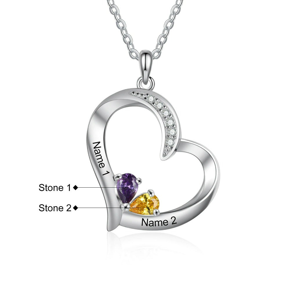 Personalized 2 Names And Birthstones Engraved Heart-Shaped Pendant-Florence Scovel