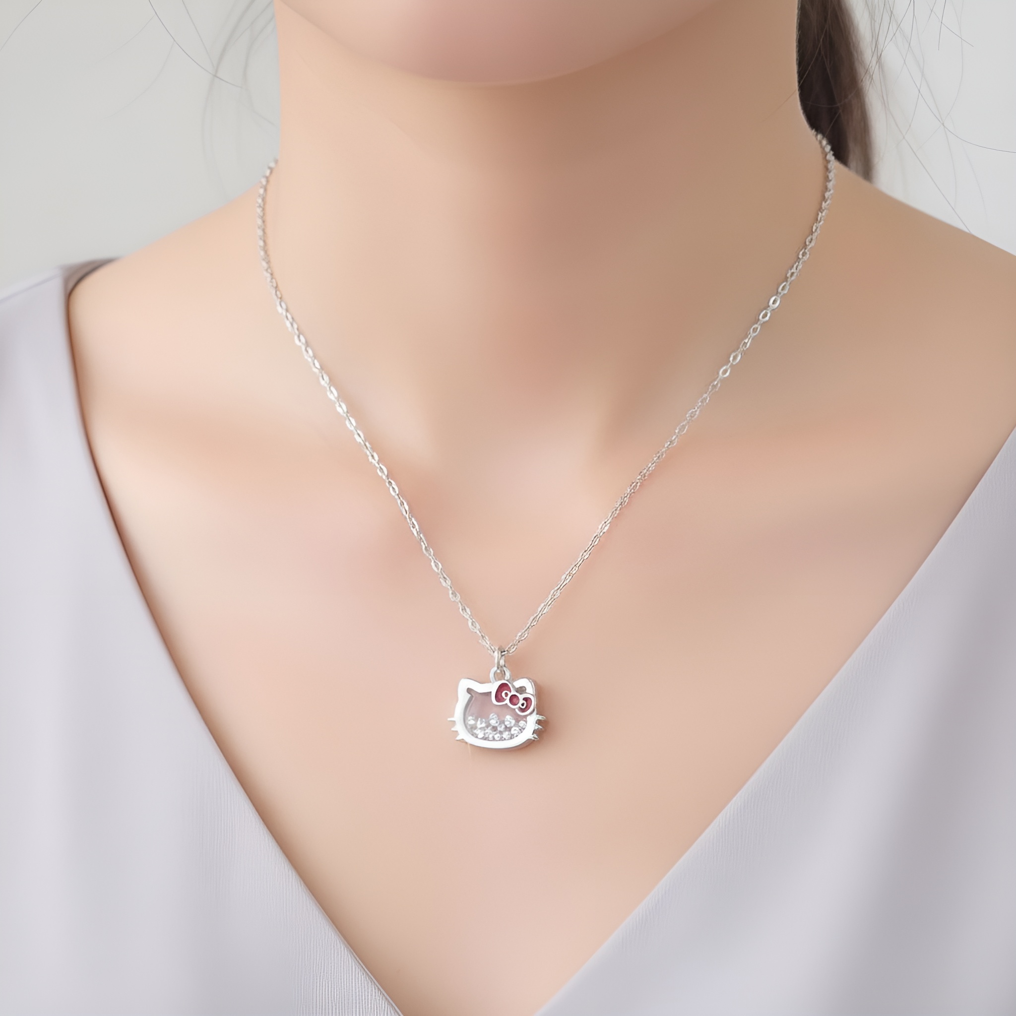 Shiny Plated Kitty Shaker Pendant Necklace With Multicolor Stones