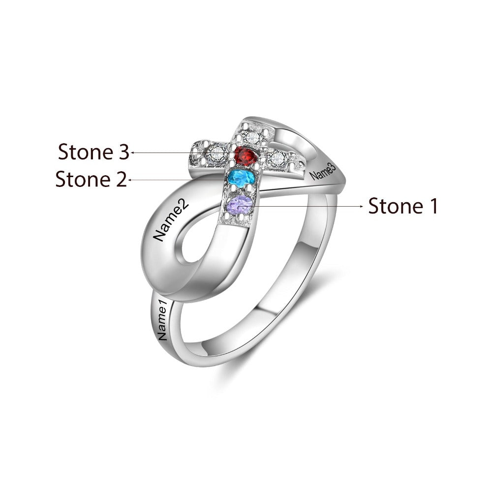 Infinity & Cross Customized 3 Names And Birthstones Ring for Women-Florence Scovel