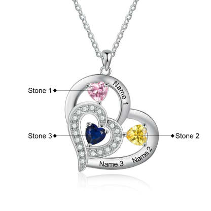 Personalized 3 Names And Birthstones Engraved Heart-Shaped Pendant-Florence Scovel