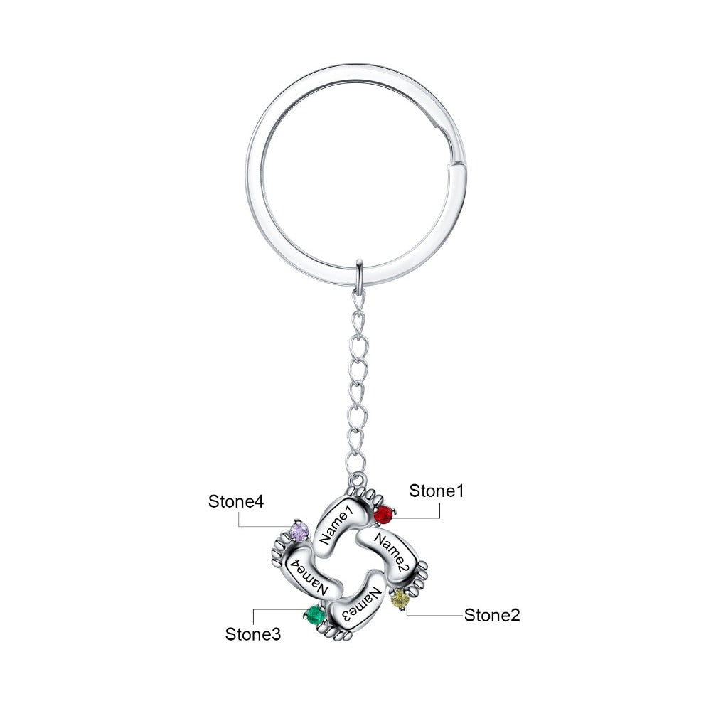 Personalized 4 Names And Birthstones Engraved Baby Foot Keychains-Florence Scovel