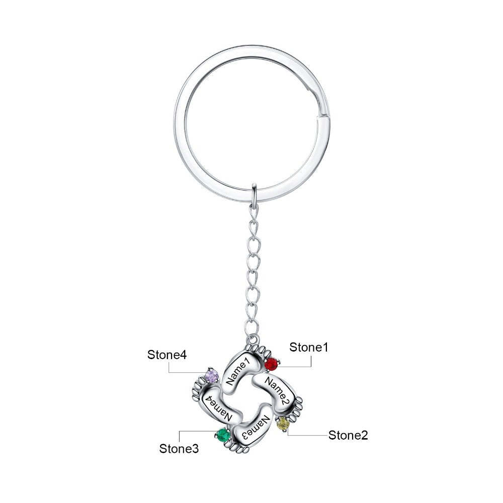 Personalized 4 Names And Birthstones Engraved Baby Foot Keychains-Florence Scovel
