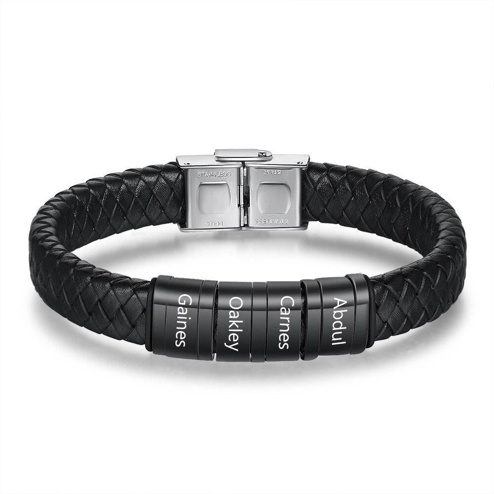 Personalized Men Braided Leather Bracelets With 4 Names-Florence Scovel