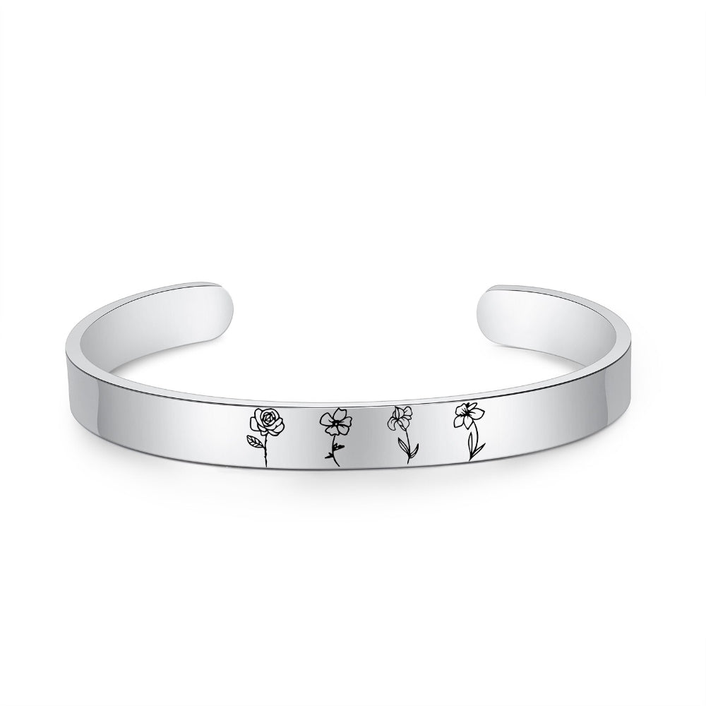 Personalized Engraved 4 Birth Flower Cuff Bracelet-Florence Scovel