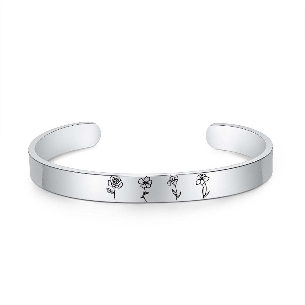 Personalized Engraved 4 Birth Flower Cuff Bracelet-Florence Scovel