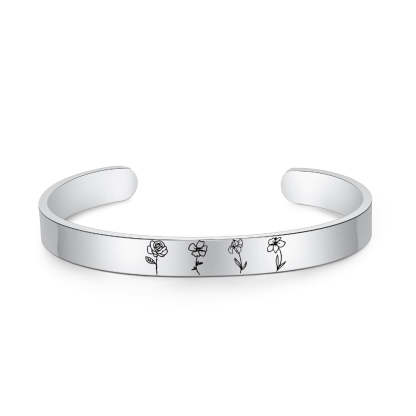 Personalized Engraved 4 Birth Flower Cuff Bracelet-Florence Scovel