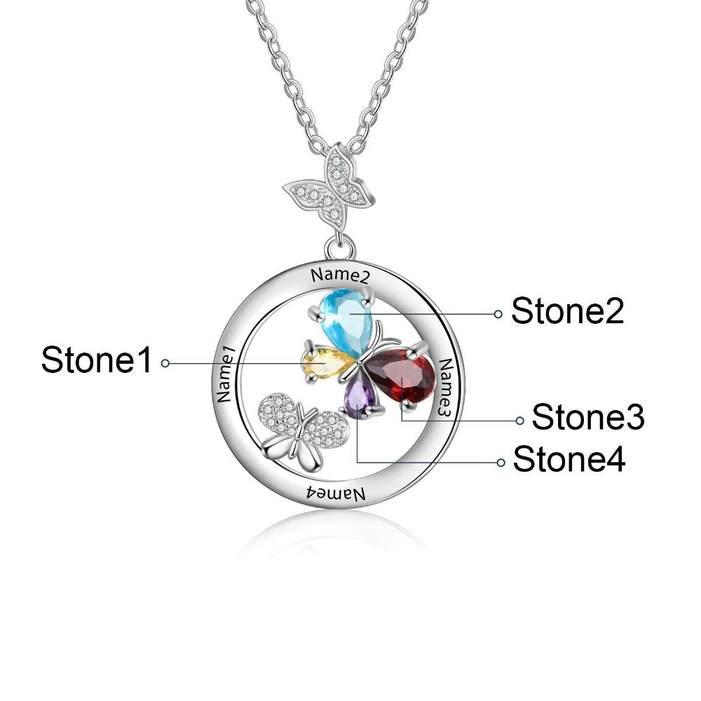 Personalized 4 Names And Stones Engraved Butterfly Necklace-Florence Scovel