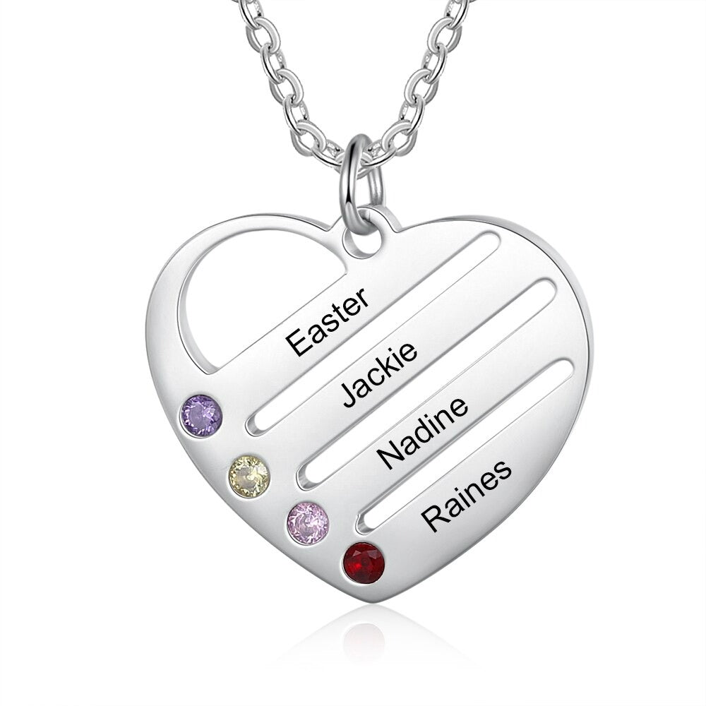 4 Names And 4 Stones Personalized Engraved Names Heart-Shaped Necklace-Florence Scovel