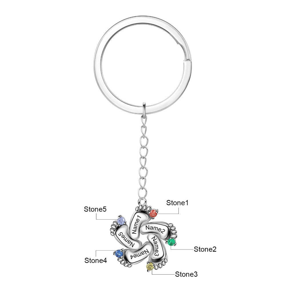Personalized 6 Names And Birthstones Engraved Baby Foot Keychains-Florence Scovel