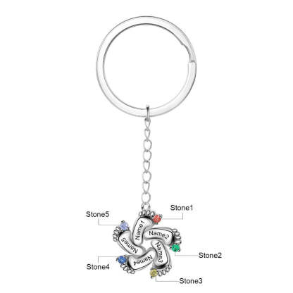 Personalized 6 Names And Birthstones Engraved Baby Foot Keychains-Florence Scovel