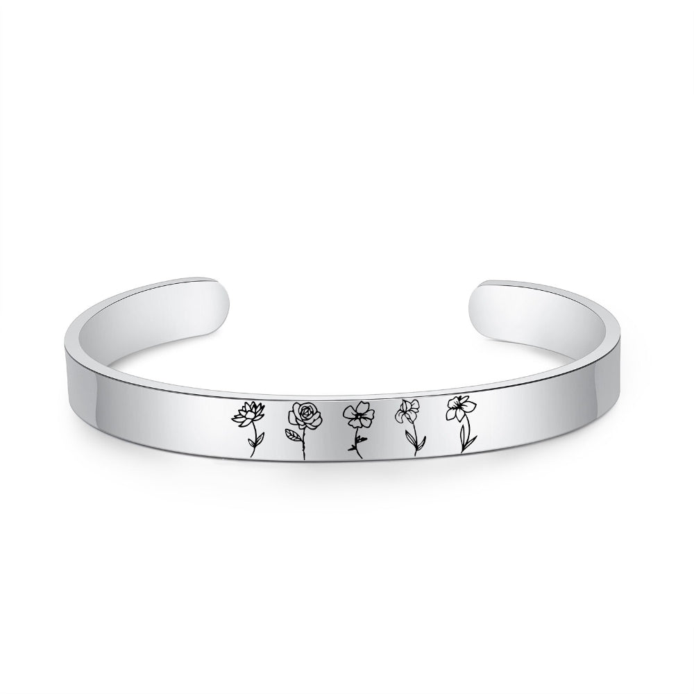 Personalized Engraved 5 Birth Flower Cuff Bracelet-Florence Scovel