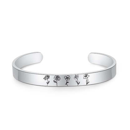 Personalized Engraved 5 Birth Flower Cuff Bracelet-Florence Scovel