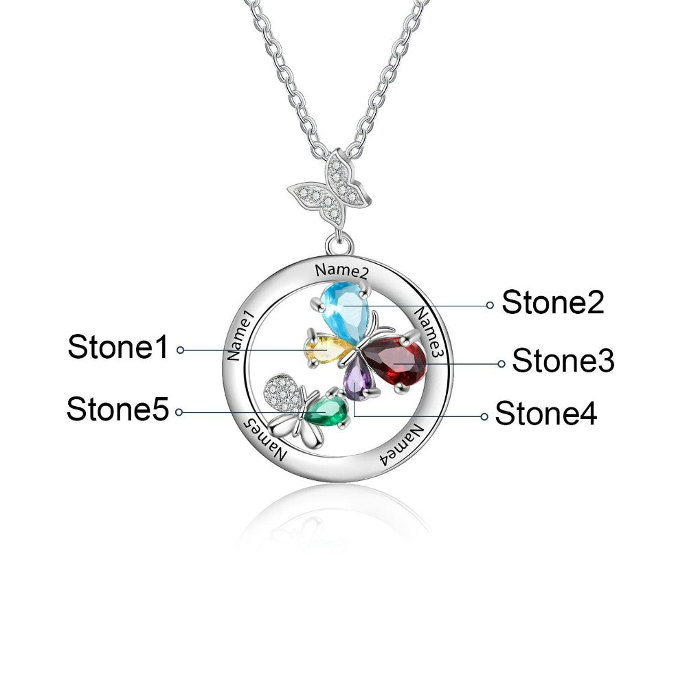 Personalized 5 Names And Stones Engraved Butterfly Necklace-Florence Scovel