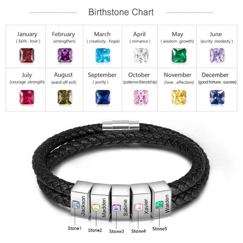 Customized 5 Names 5 Stones Engraved Beads Bracelet For Men-Florence Scovel