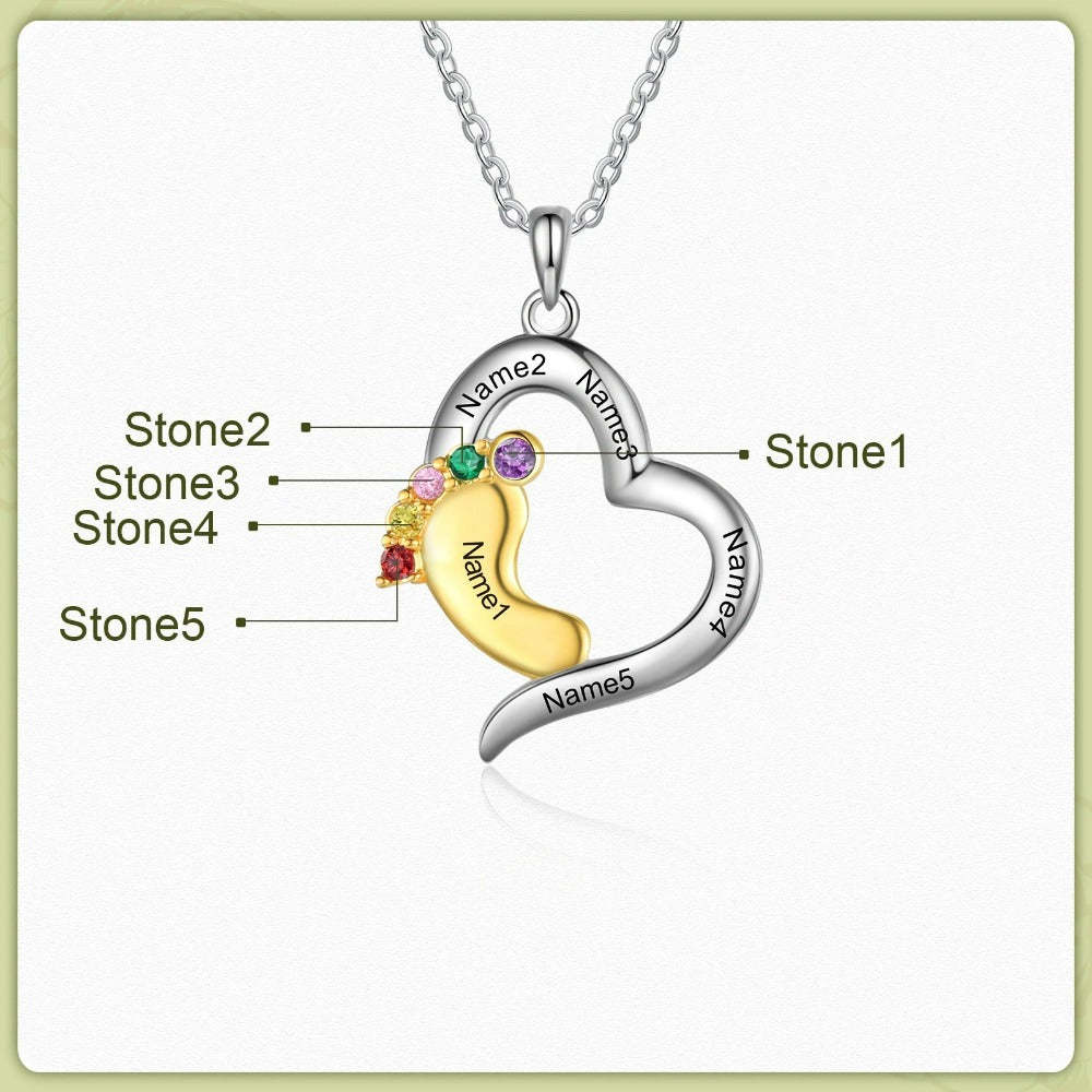 Personalized Baby Feet Heart-Shaped Necklace Of 5 Stones-Florence Scovel