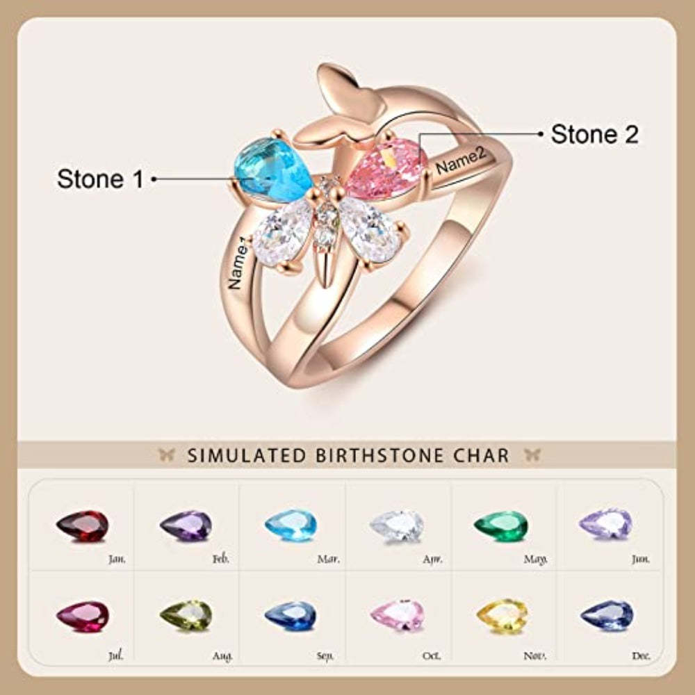 Personalized 2 Names And 2 Stones Butterfly Rings for Women-Florence Scovel