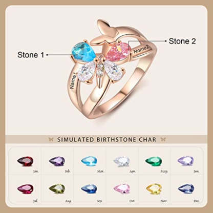Personalized 2 Names And 2 Stones Butterfly Rings for Women-Florence Scovel