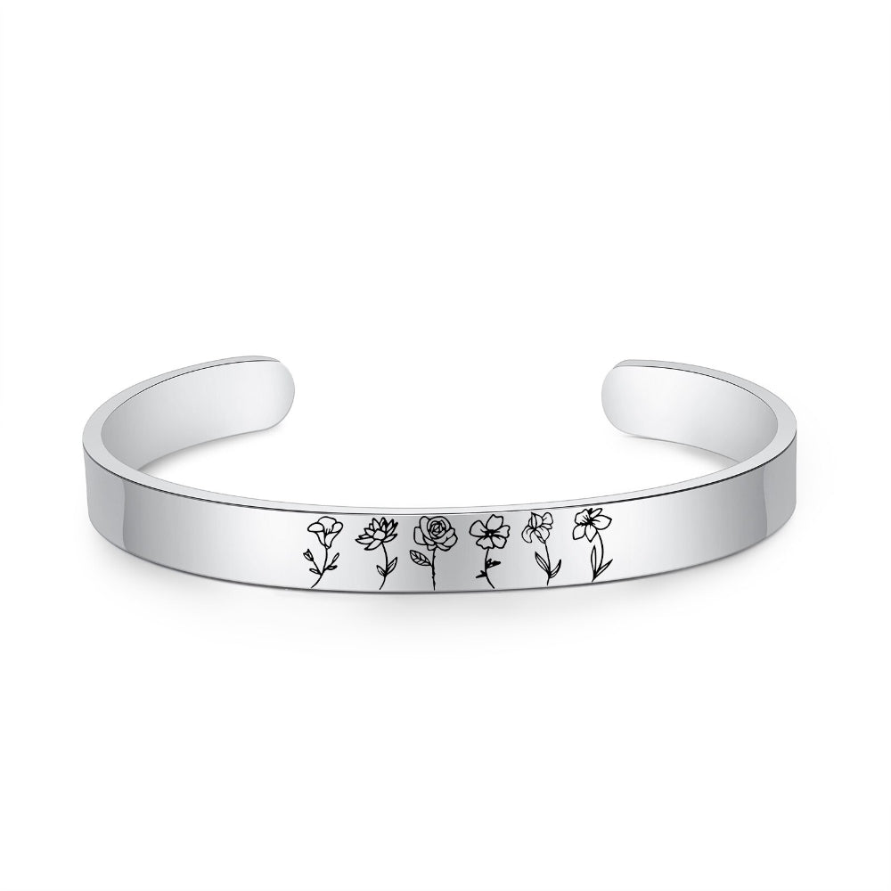 Personalized Engraved 6 Birth Flower Cuff Bracelet-Florence Scovel