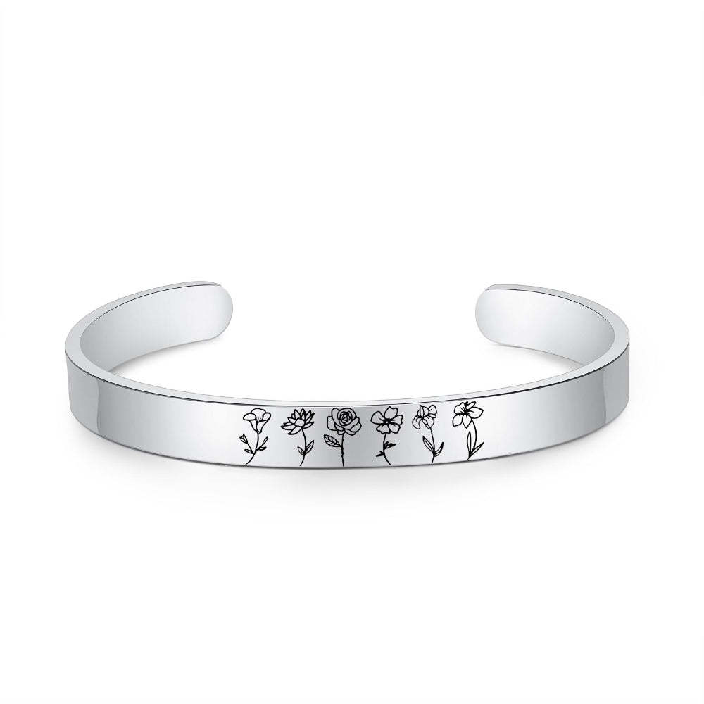 Personalized Engraved 6 Birth Flower Cuff Bracelet-Florence Scovel