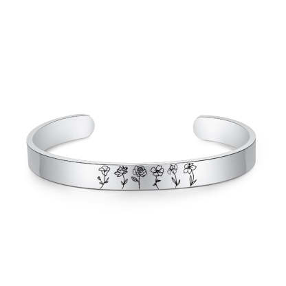 Personalized Engraved 6 Birth Flower Cuff Bracelet-Florence Scovel