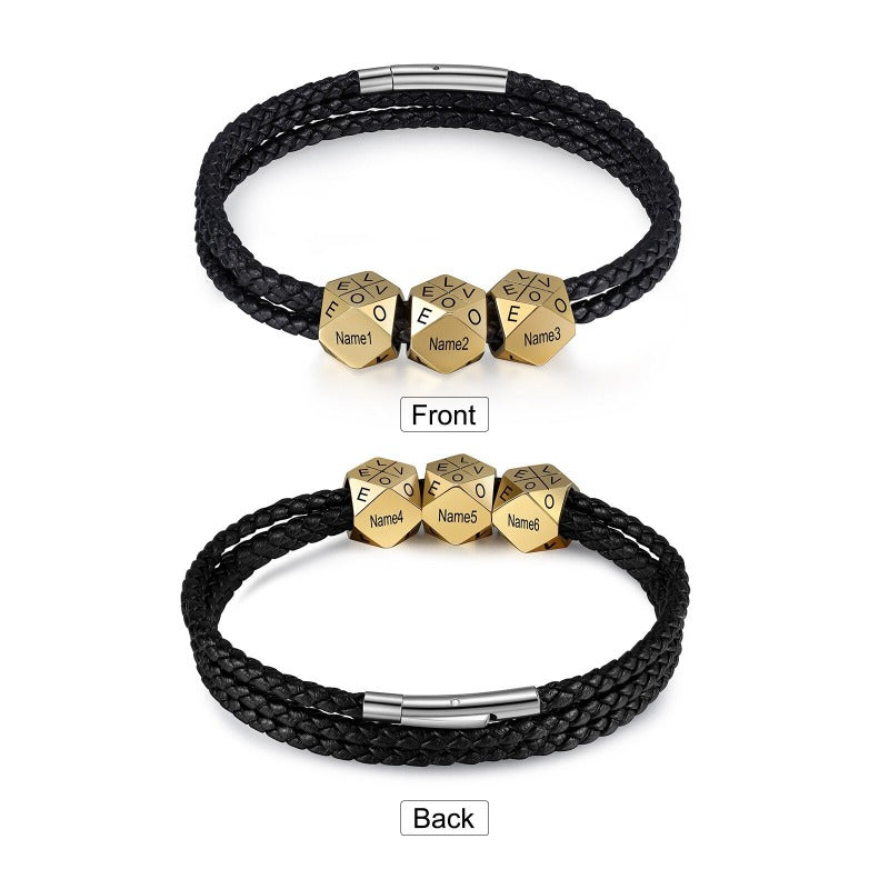 Customized 6 Names Engraved Leather Beads Bracelet-Florence Scovel