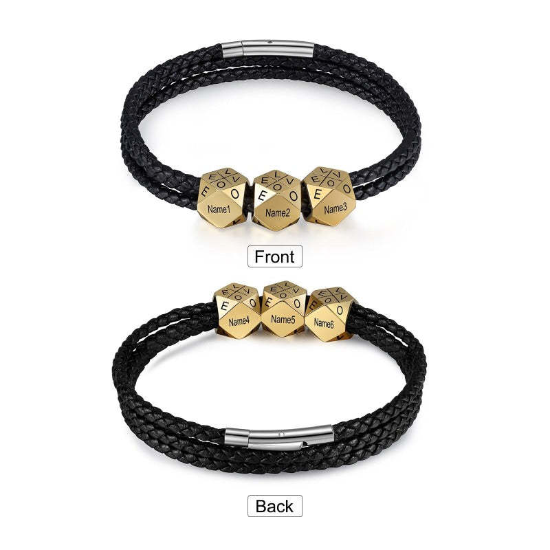 Customized 6 Names Engraved Leather Beads Bracelet-Florence Scovel