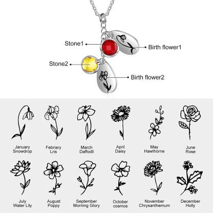 Personalized 2 Birthstones And Flowers Pendant-Florence Scovel