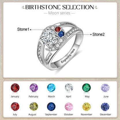 Personalized 2 Names And Birthstones Moon Rings-Florence Scovel