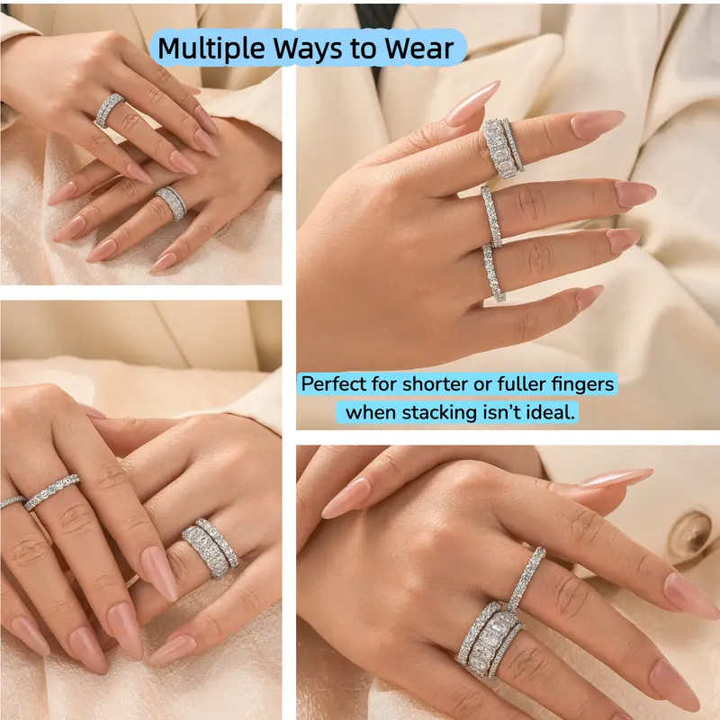 Effinny Jewelry 10.0ct Cushion Cut 3PCS/4PCS Stackable Wedding Band Ring Set,S925 Sterling Silver Full Eternity Churumbela Rings Set for Travel, Daily 2