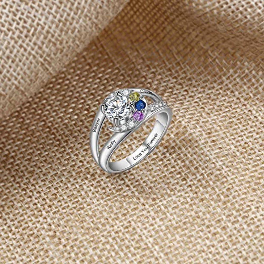 Personalized 3 Names And Birthstones Moon Rings-Florence Scovel