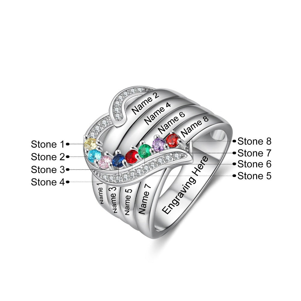 Sterling Silver Personalized 8 Names And Birthstones Engraved Ring-Florence Scovel