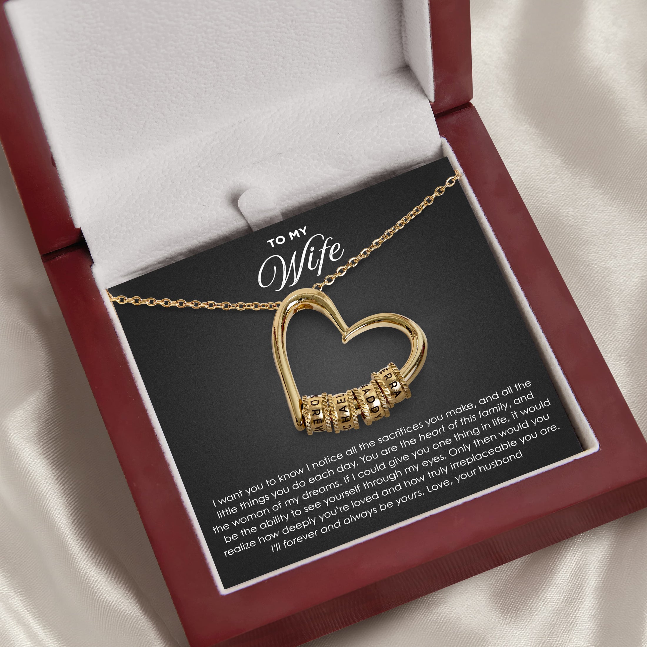 Custom Gold Heart Pendant Necklace with Engraved Beads